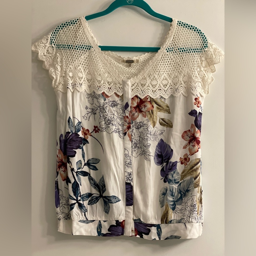 Floral Lace Trim Top - White and Multicolor